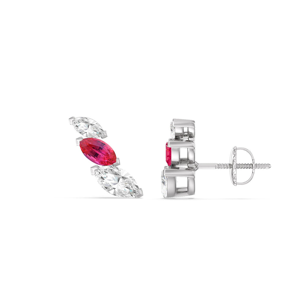 Trilogy Marquise Diamond and Created Ruby Climber Earrings with 14KT White Gold Cut Diamond in 14KT White Gold view 2
