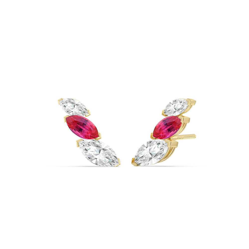 Trilogy Marquise Diamond and Created Ruby Climber Earrings with 14KT Yellow Gold Cut Diamond in 14KT Yellow Gold view 1
