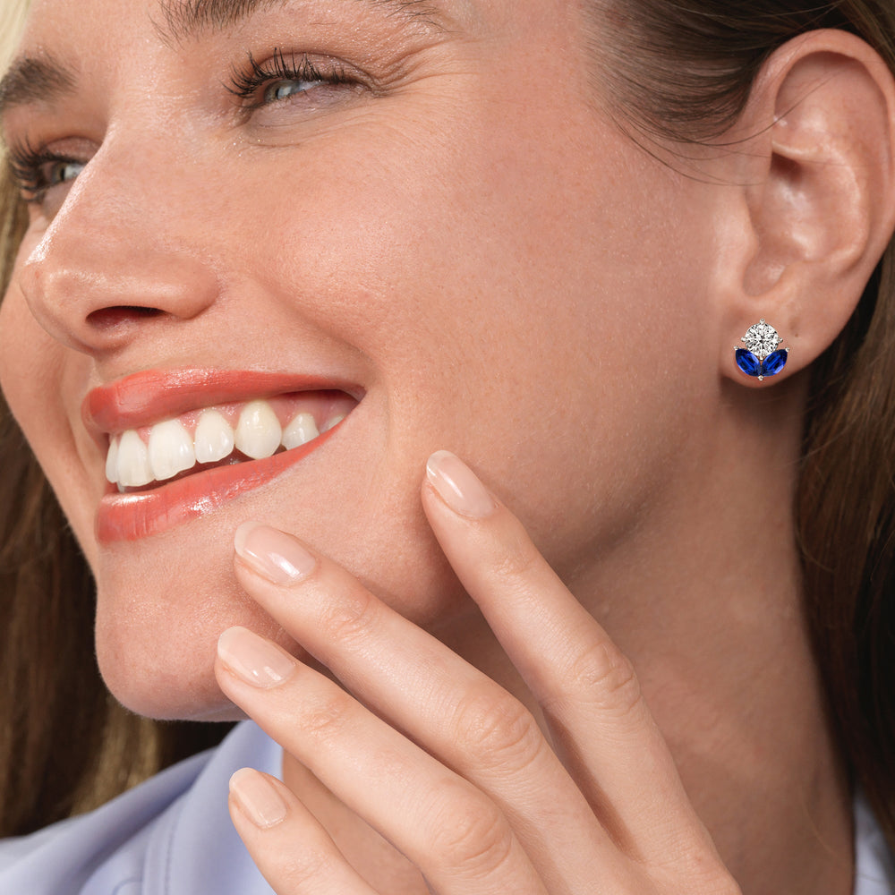 Model Wearing Sapphire Tulip Studs view