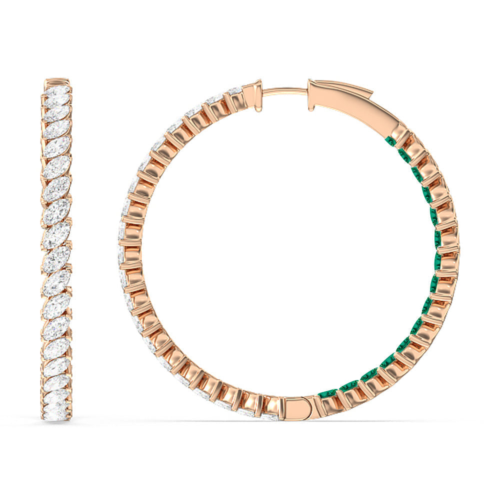 Marquise Diamond and Created Emerald Inside-Out Large Hoop Earrings with 14KT Rose Gold Cut Diamond in 14KT Rose Gold view 2
