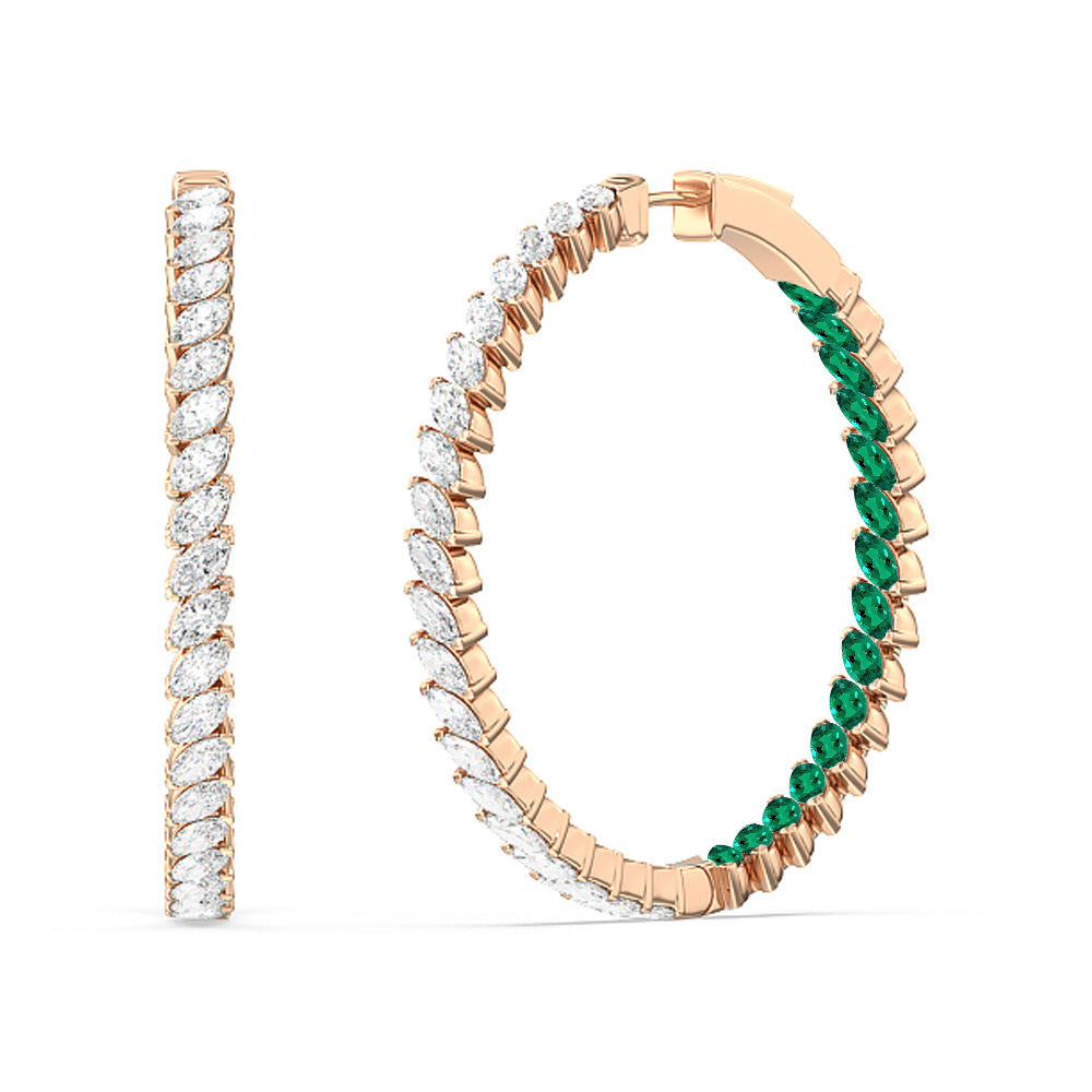 Marquise Diamond and Created Emerald Inside-Out Large Hoop Earrings with 14KT Rose Gold Cut Diamond in 14KT Rose Gold view 1
