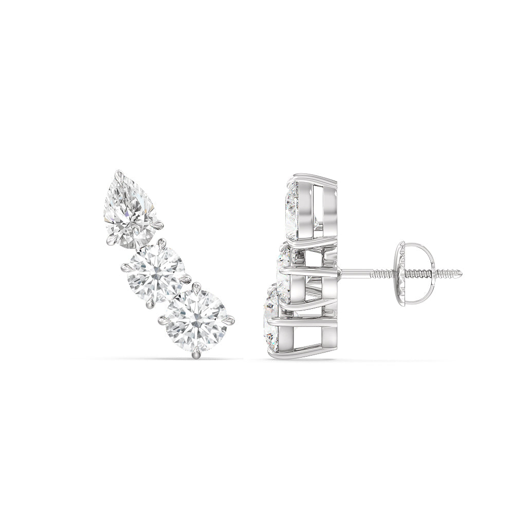 Trilogy Round and Pear Climber Earrings with 14KT White Gold / Left Cut Diamond in 14KT White Gold / Left view 2
