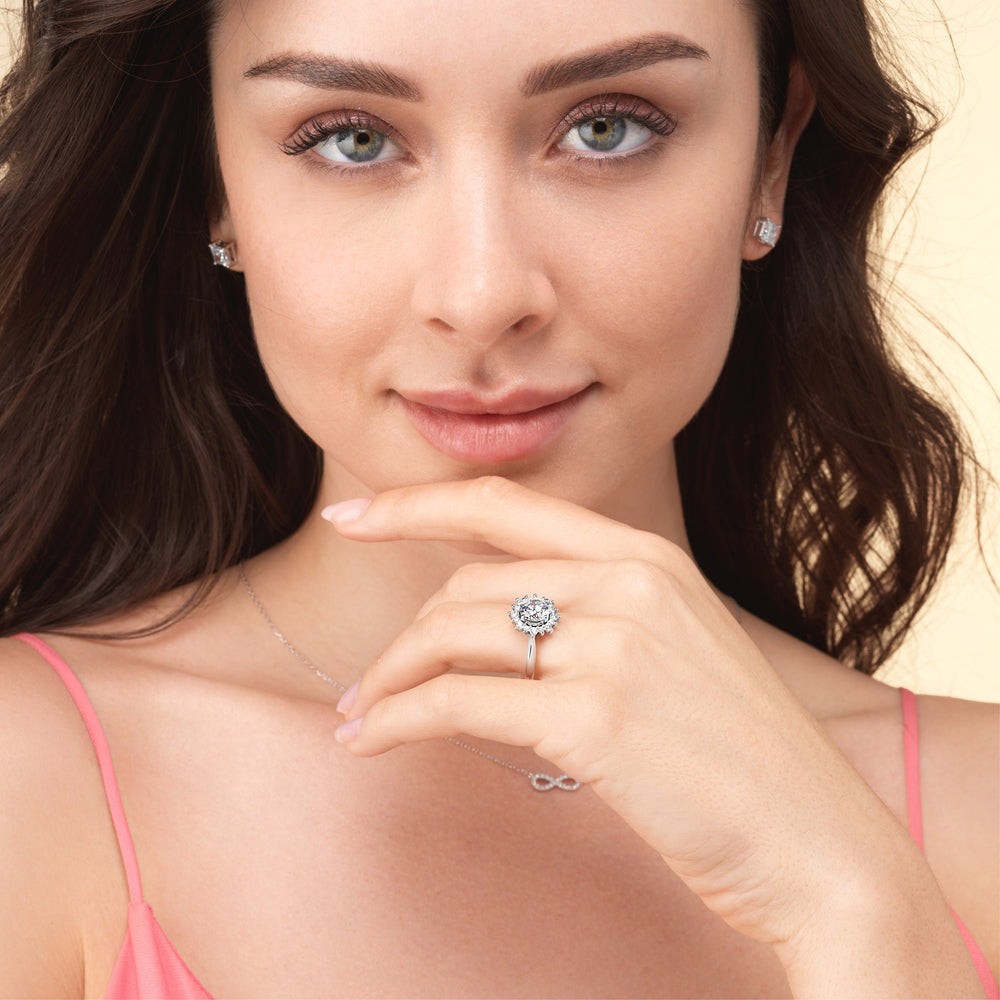 Model Wearing Star Halo Diamond Engagement Ring view