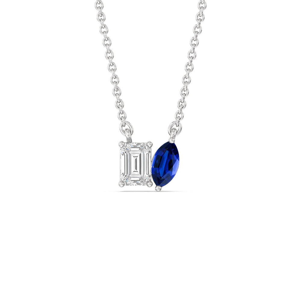 Toi et Moi Created Sapphire Marquise and Emerald Diamond Necklace with 14KT White Gold Cut Diamond in 14KT White Gold view 1
