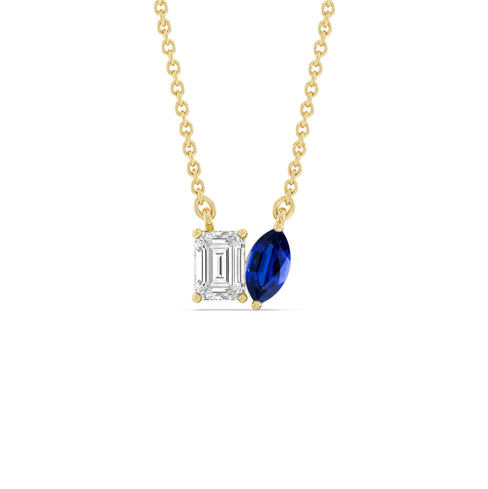 Toi et Moi Created Sapphire Marquise and Emerald Diamond Necklace with 14KT Yellow Gold Cut Diamond in 14KT Yellow Gold view 1
