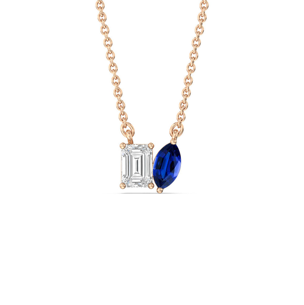 Toi et Moi Created Sapphire Marquise and Emerald Diamond Necklace with 14KT Rose Gold Cut Diamond in 14KT Rose Gold view 1
