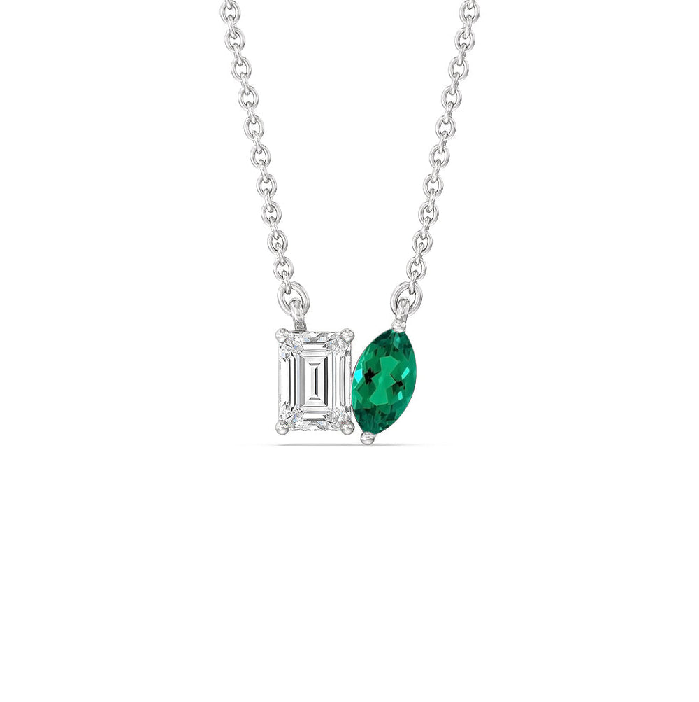 Toi et Moi Created Emerald Marquise and Emerald Shape Diamond Necklace with 14KT White Gold Cut Diamond in 14KT White Gold view 1

