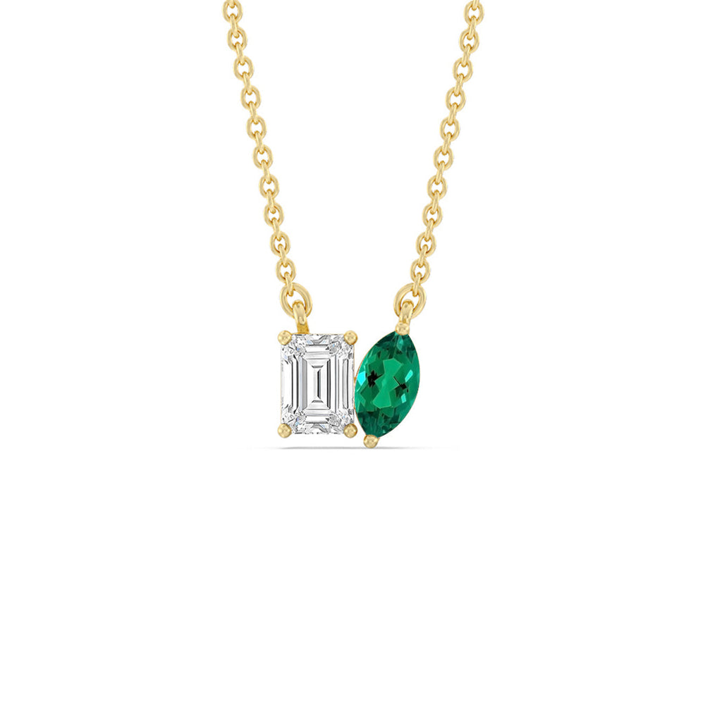 Toi et Moi Created Emerald Marquise and Emerald Shape Diamond Necklace with 14KT Yellow Gold Cut Diamond in 14KT Yellow Gold view 1
