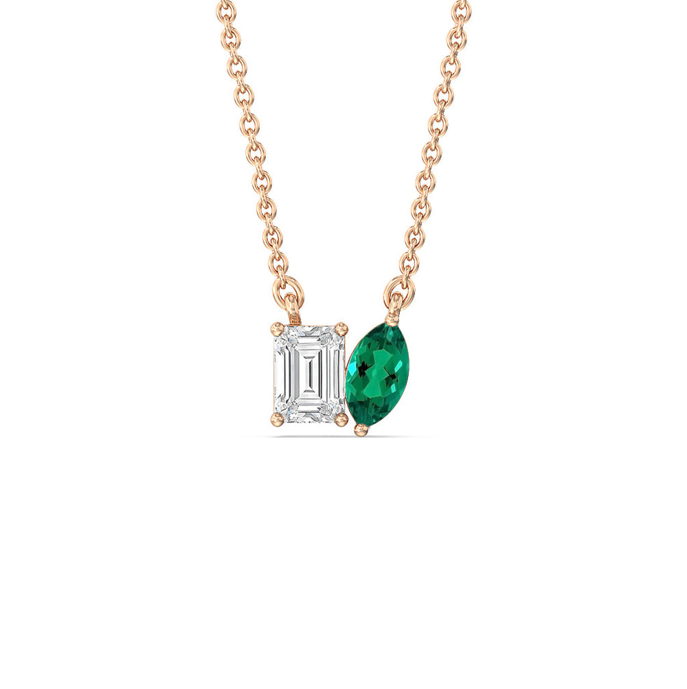 Toi et Moi Created Emerald Marquise and Emerald Shape Diamond Necklace with 14KT Rose Gold Cut Diamond in 14KT Rose Gold view 1
