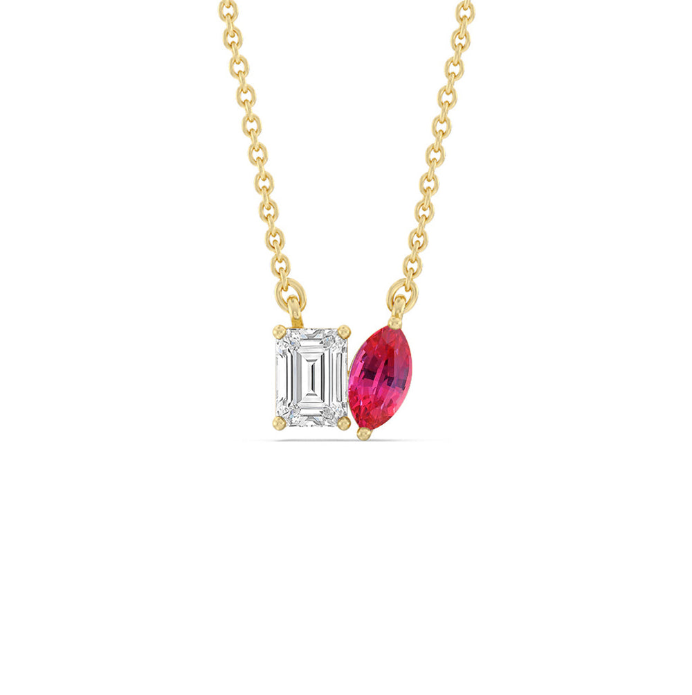 Toi et Moi Created Ruby Marquise and Emerald Diamond Necklace with 14KT Yellow Gold Cut Diamond in 14KT Yellow Gold view 1
