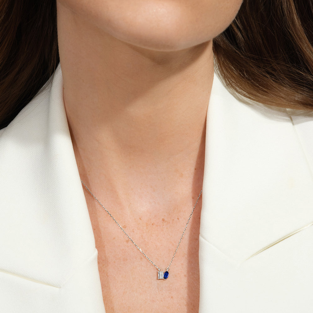 Model Wearing Toi et Moi Created Sapphire Marquise and Emerald Diamond Necklace view