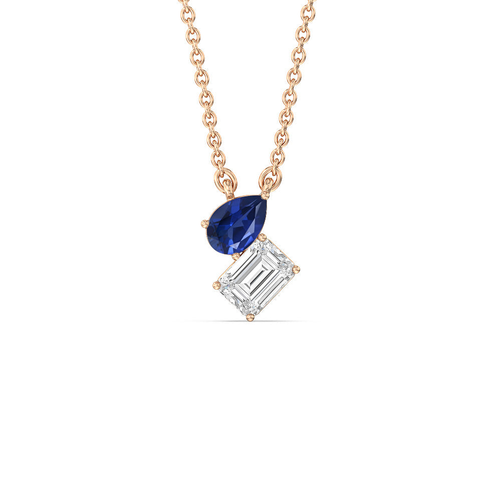 Toi et Moi Created Sapphire Pear and Emerald Diamond Necklace with 14KT Rose Gold Cut Diamond in 14KT Rose Gold view 1

