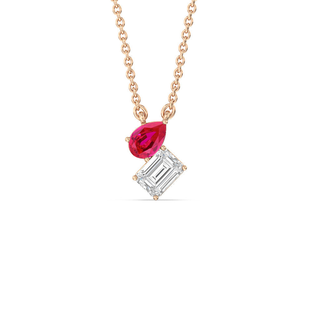 Toi et Moi Created Ruby Pear and Emerald Diamond Necklace with 14KT Rose Gold Cut Diamond in 14KT Rose Gold view 1
