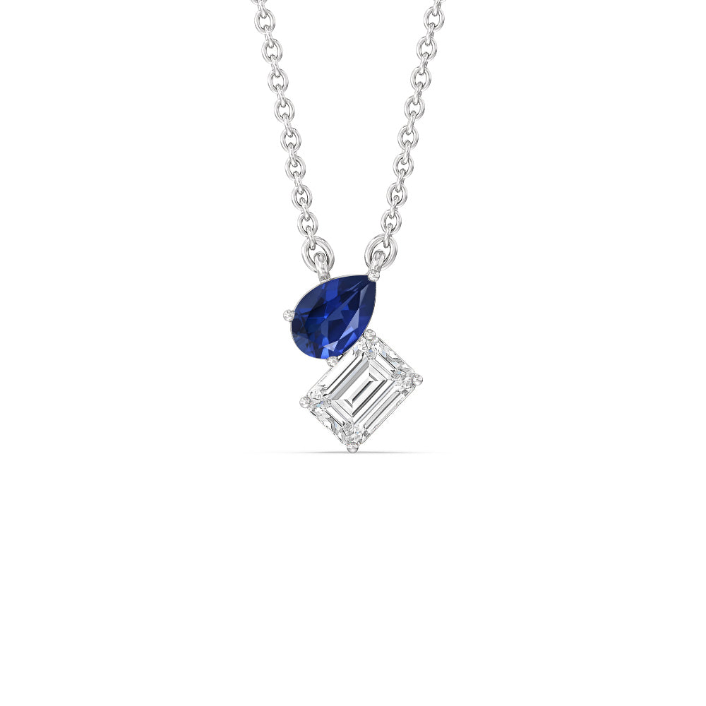 Toi et Moi Created Sapphire Pear and Emerald Diamond Necklace with 14KT White Gold Cut Diamond in 14KT White Gold view 1
