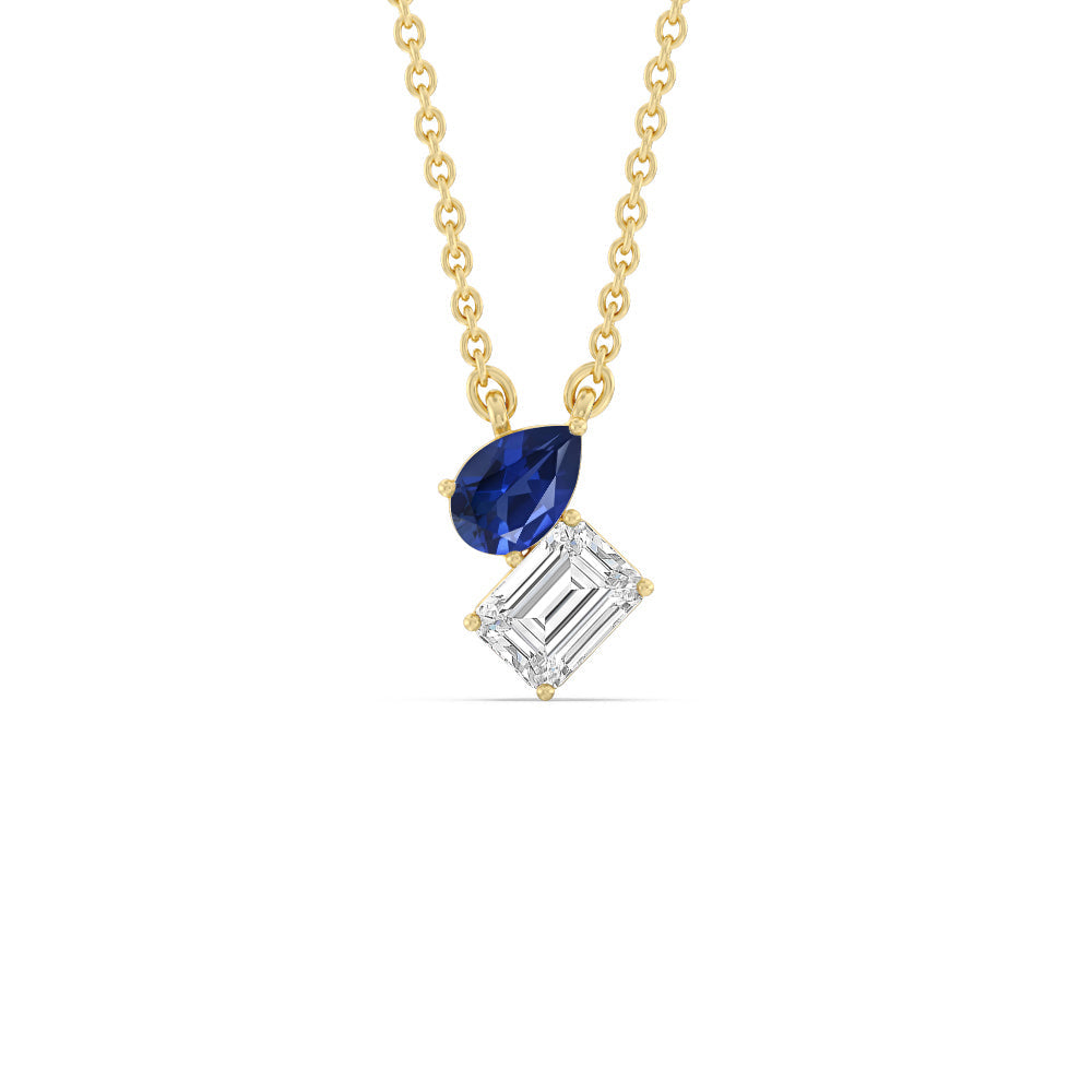 Toi et Moi Created Sapphire Pear and Emerald Diamond Necklace with 14KT Yellow Gold Cut Diamond in 14KT Yellow Gold view 1
