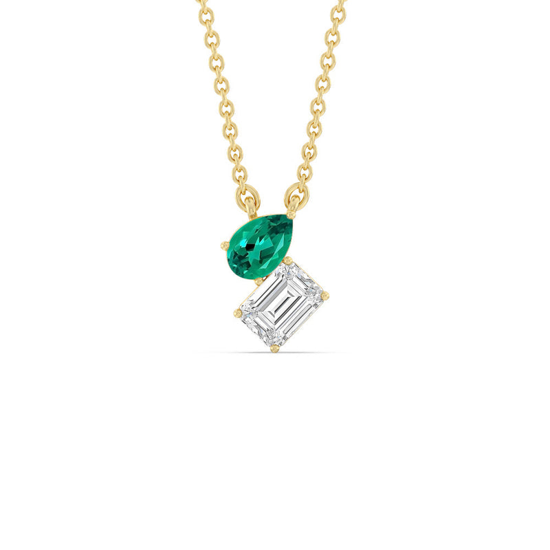 Toi et Moi Created Emerald Pear and Emerald Shape Diamond Necklace