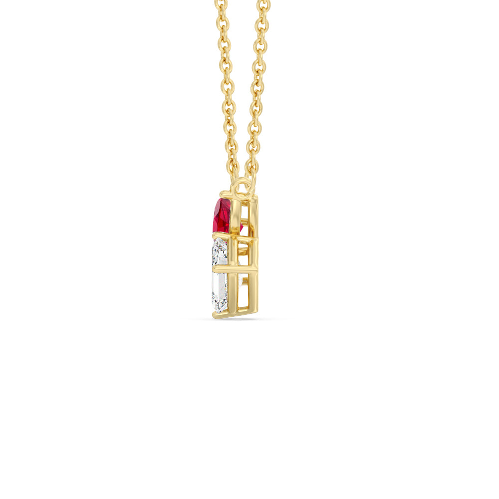 Toi et Moi Created Ruby Pear and Emerald Diamond Necklace with 14KT Yellow Gold Cut Diamond in 14KT Yellow Gold view 2
