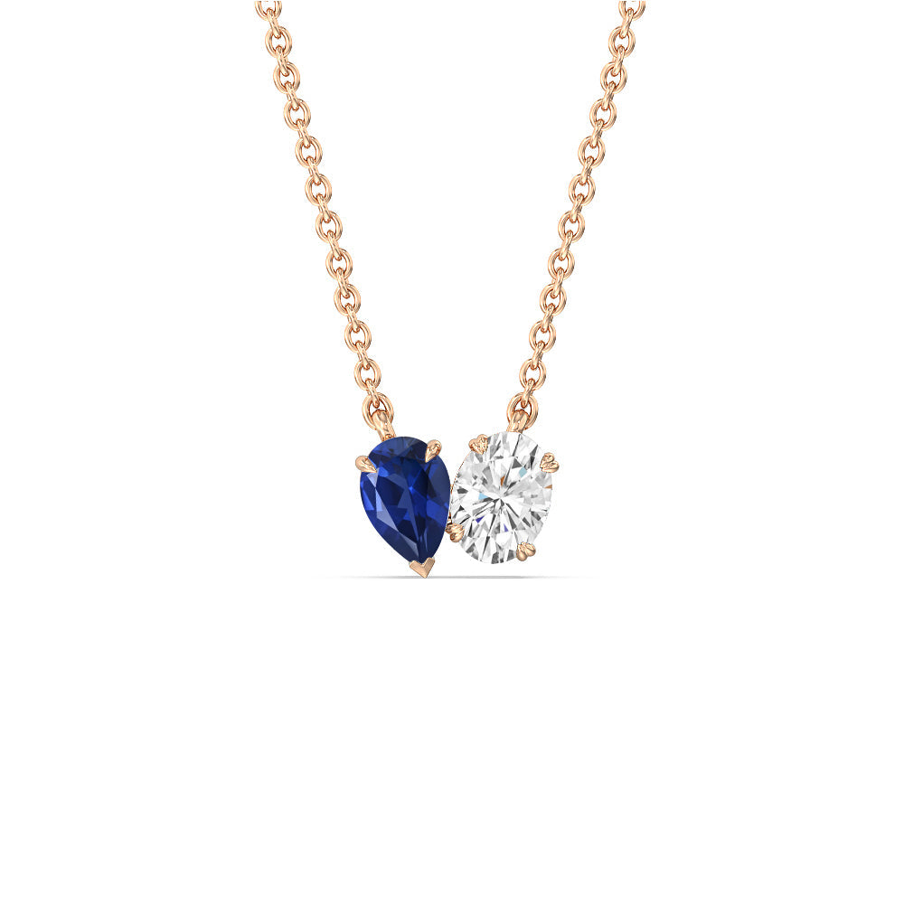 Toi et Moi Created Sapphire Pear and Oval Diamond Necklace with 14KT Rose Gold Cut Diamond in 14KT Rose Gold view 1
