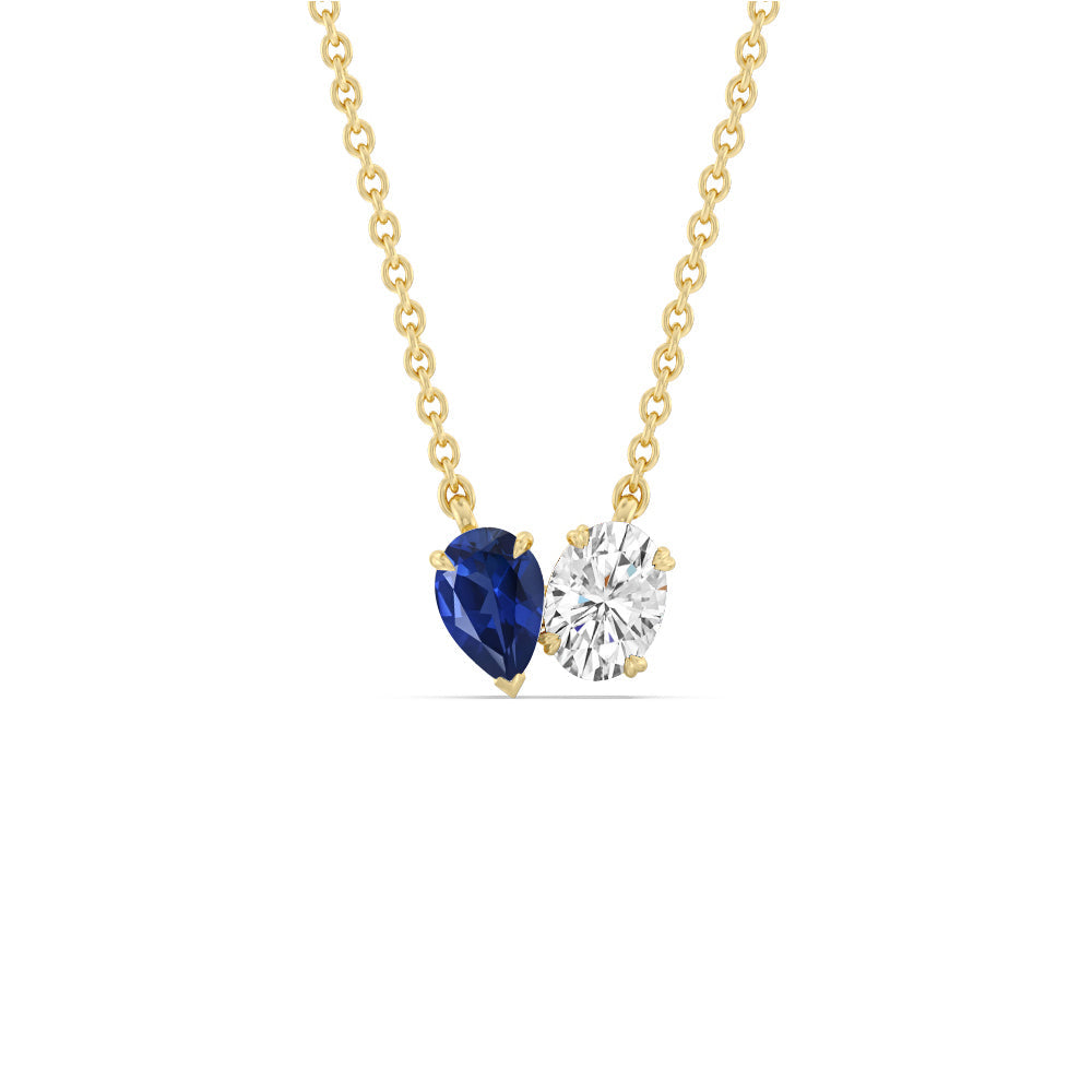 Toi et Moi Created Sapphire Pear and Oval Diamond Necklace with 14KT Yellow Gold Cut Diamond in 14KT Yellow Gold view 1
