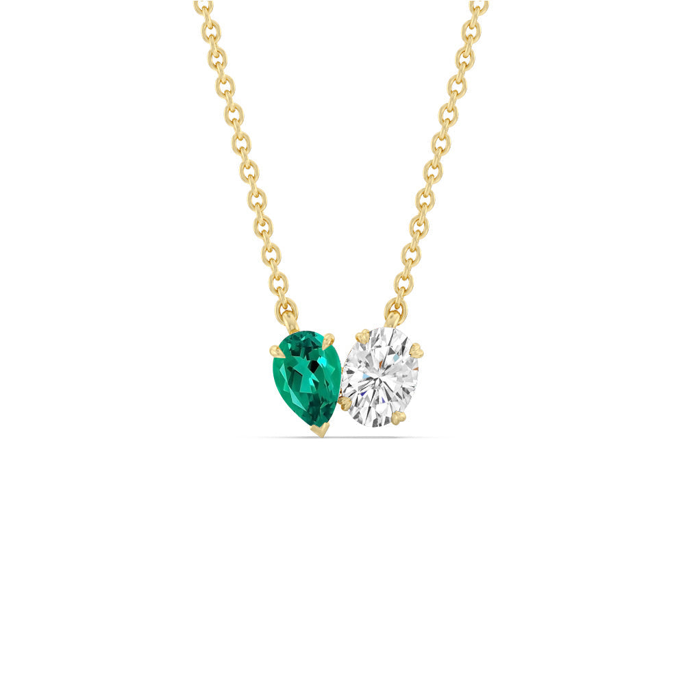 Toi et Moi Created Emerald Pear and Oval Diamond Necklace with 14KT Yellow Gold Cut Diamond in 14KT Yellow Gold view 1
