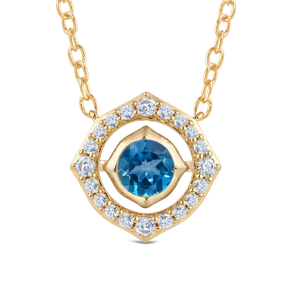 Signature London Blue Topaz Birthstone Necklace with 4 Cut Diamond in 14KT Yellow Gold view 2
