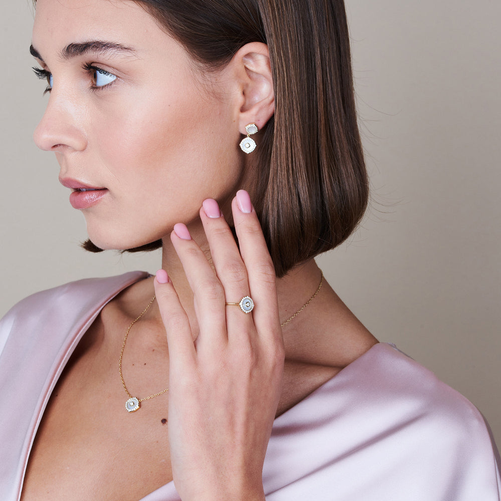 Model Wearing Signature Mother of Pearl and Diamond Necklace view