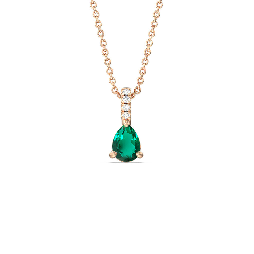 Pear Shape Created Emerald and Lab Diamond Classic Solitaire Pendant With Studded Bale with 14KT Rose Gold Cut Diamond in 14KT Rose Gold view 1

