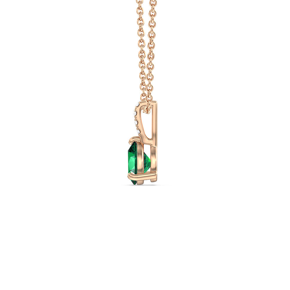 Pear Shape Created Emerald and Lab Diamond Classic Solitaire Pendant With Studded Bale with 14KT Rose Gold Cut Diamond in 14KT Rose Gold view 2
