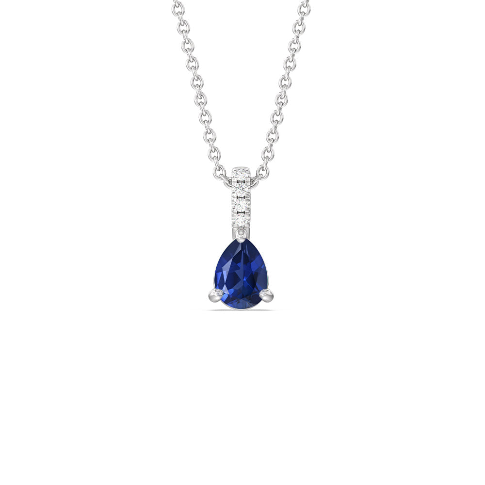 Pear Created Sapphire and Lab Diamond Classic Solitaire Pendant With Studded Bale with 14KT White Gold Cut Diamond in 14KT White Gold view 1
