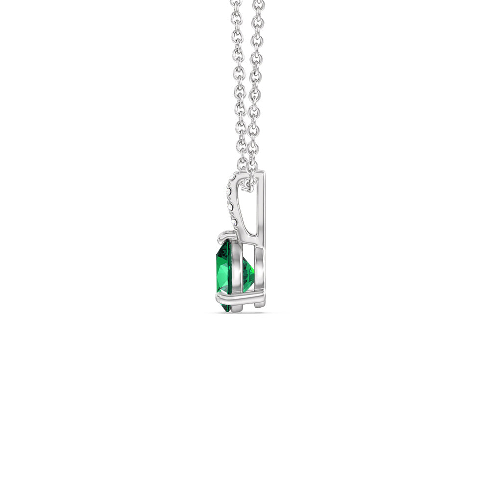 Pear Shape Created Emerald and Lab Diamond Classic Solitaire Pendant With Studded Bale with 14KT White Gold Cut Diamond in 14KT White Gold view 2
