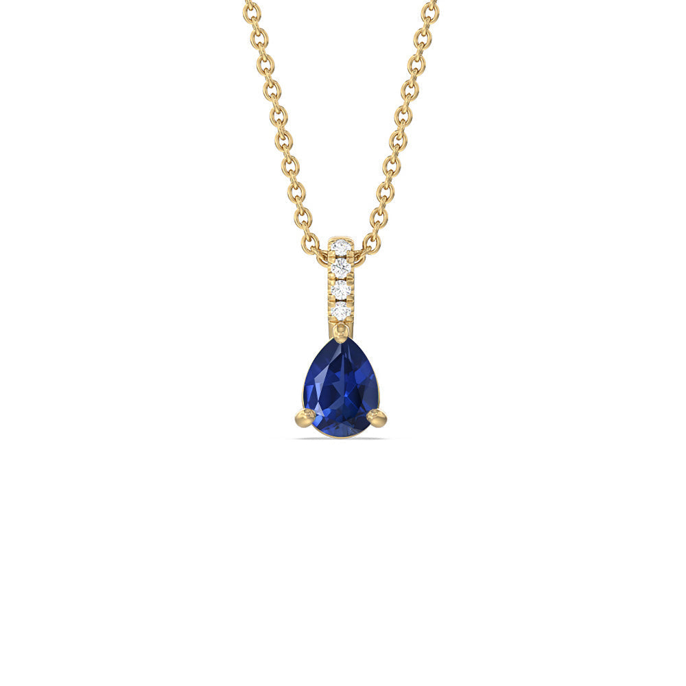 Pear Created Sapphire and Lab Diamond Classic Solitaire Pendant With Studded Bale with 14KT Yellow Gold Cut Diamond in 14KT Yellow Gold view 1
