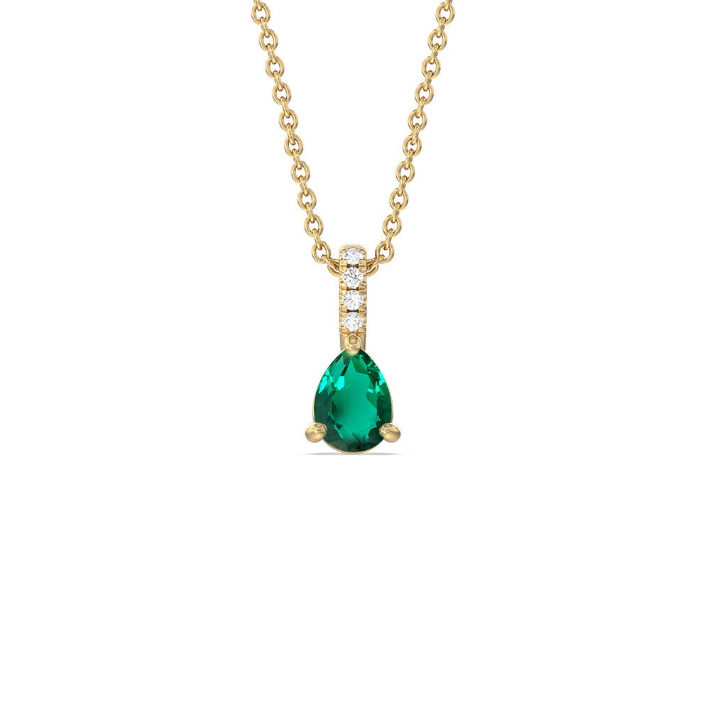 Pear Shape Created Emerald and Lab Diamond Classic Solitaire Pendant With Studded Bale with 14KT Yellow Gold Cut Diamond in 14KT Yellow Gold view 1
