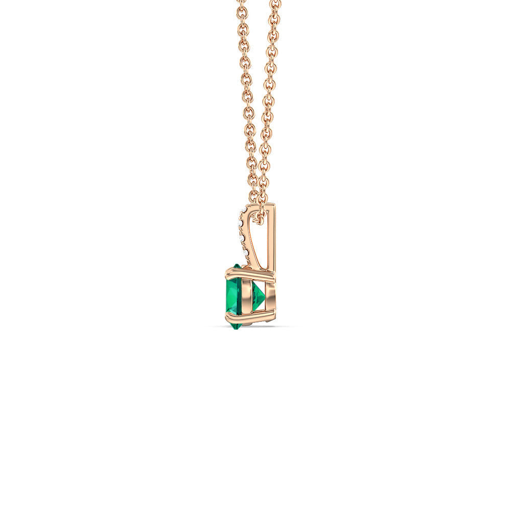 Round Shape Created Emerald and Lab Diamond Classic Solitaire Pendant With Studded Bale with 14KT Rose Gold Cut Diamond in 14KT Rose Gold view 2
