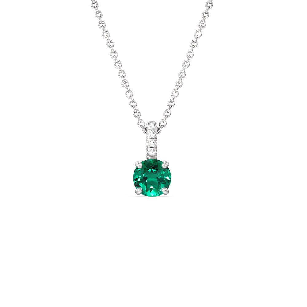 Round Shape Created Emerald and Lab Diamond Classic Solitaire Pendant With Studded Bale with 14KT White Gold Cut Diamond in 14KT White Gold view 1
