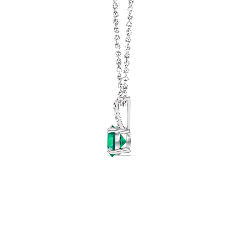 Round Shape Created Emerald and Lab Diamond Classic Solitaire Pendant With Studded Bale with 14KT White Gold Cut Diamond in 14KT White Gold view 2
