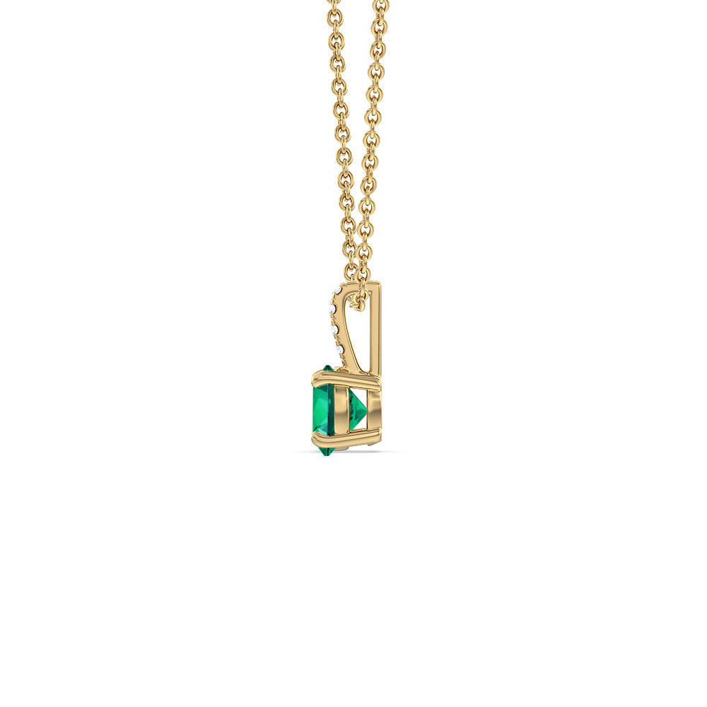 Round Shape Created Emerald and Lab Diamond Classic Solitaire Pendant With Studded Bale with 14KT Yellow Gold Cut Diamond in 14KT Yellow Gold view 2
