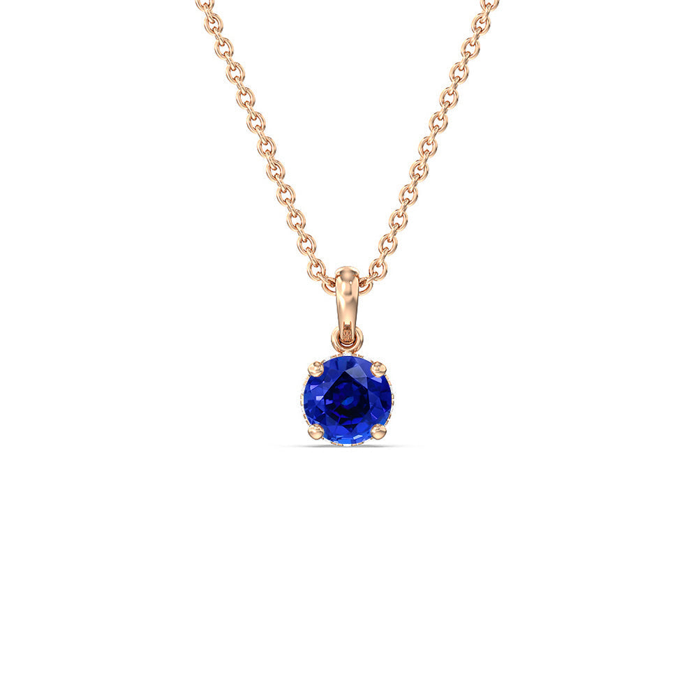 Round Created Sapphire and Lab Diamond Classic Solitaire Under Halo Pendant with 14KT Rose Gold Cut Diamond in 14KT Rose Gold view 1
