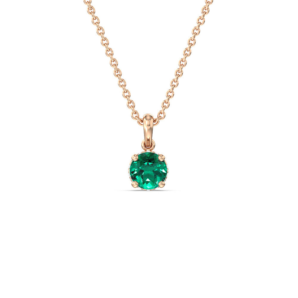Round Shape Created Emerald and Lab Diamond Classic Solitaire Under Halo Pendant with 14KT Rose Gold Cut Diamond in 14KT Rose Gold view 1
