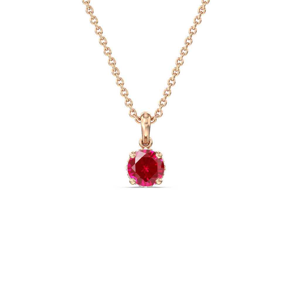 Round Created Ruby and Lab Diamond Classic Solitaire Under Halo Pendant with 14KT Rose Gold Cut Diamond in 14KT Rose Gold view 1
