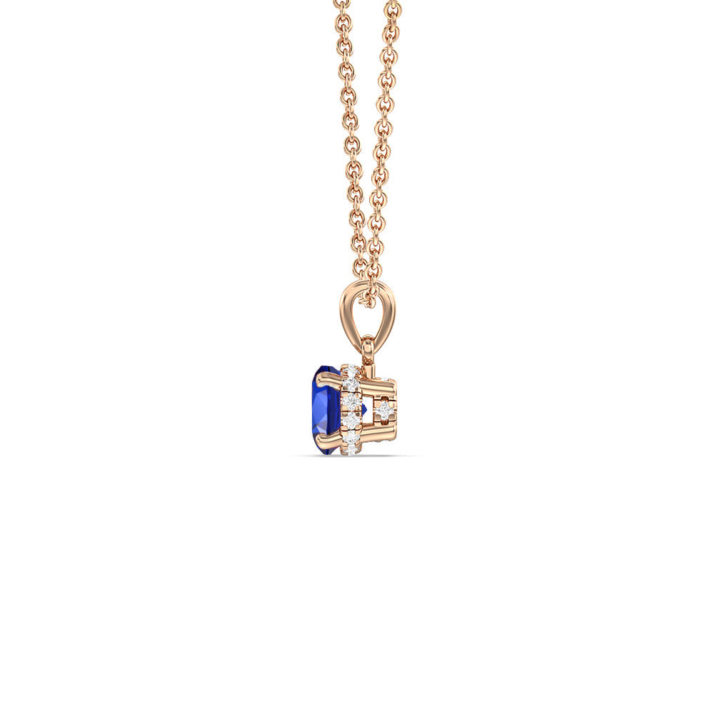 Round Created Sapphire and Lab Diamond Classic Solitaire Under Halo Pendant with 14KT Rose Gold Cut Diamond in 14KT Rose Gold view 2
