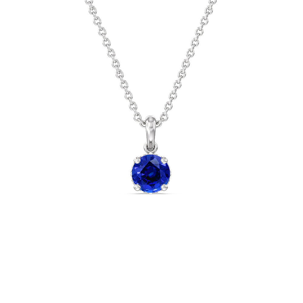 Round Created Sapphire and Lab Diamond Classic Solitaire Under Halo Pendant with 14KT White Gold Cut Diamond in 14KT White Gold view 1
