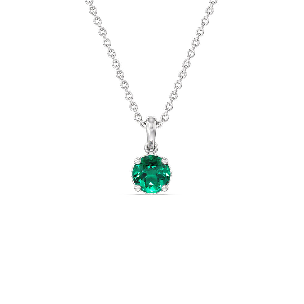 Round Shape Created Emerald and Lab Diamond Classic Solitaire Under Halo Pendant with 14KT White Gold Cut Diamond in 14KT White Gold view 1
