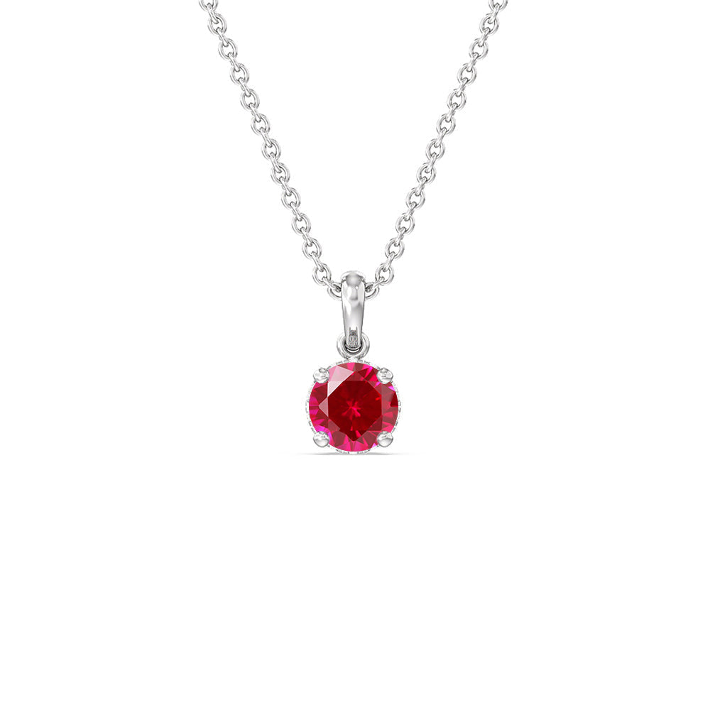 Round Created Ruby and Lab Diamond Classic Solitaire Under Halo Pendant with 14KT White Gold Cut Diamond in 14KT White Gold view 1
