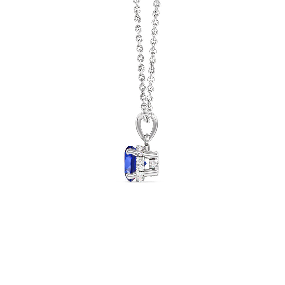 Round Created Sapphire and Lab Diamond Classic Solitaire Under Halo Pendant with 14KT White Gold Cut Diamond in 14KT White Gold view 2
