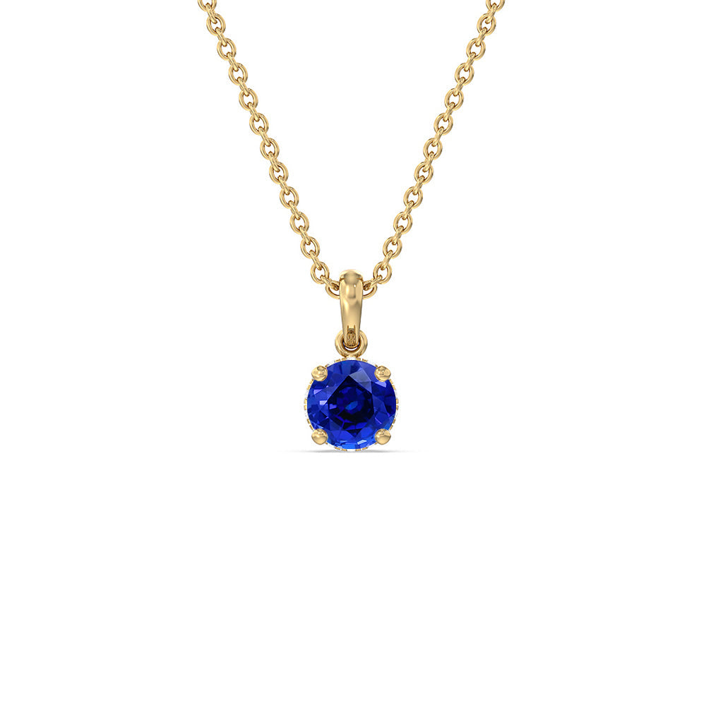 Round Created Sapphire and Lab Diamond Classic Solitaire Under Halo Pendant with 14KT Yellow Gold Cut Diamond in 14KT Yellow Gold view 1
