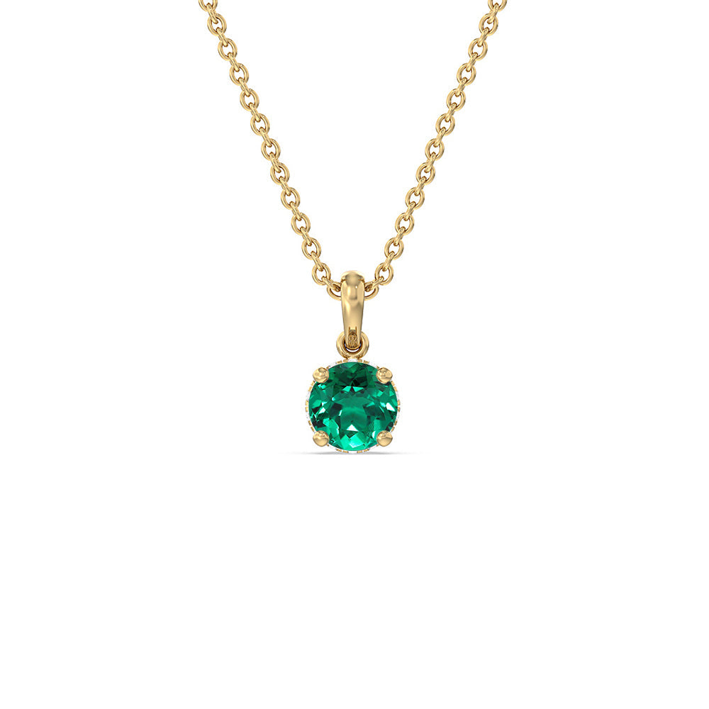 Round Shape Created Emerald and Lab Diamond Classic Solitaire Under Halo Pendant with 14KT Yellow Gold Cut Diamond in 14KT Yellow Gold view 1
