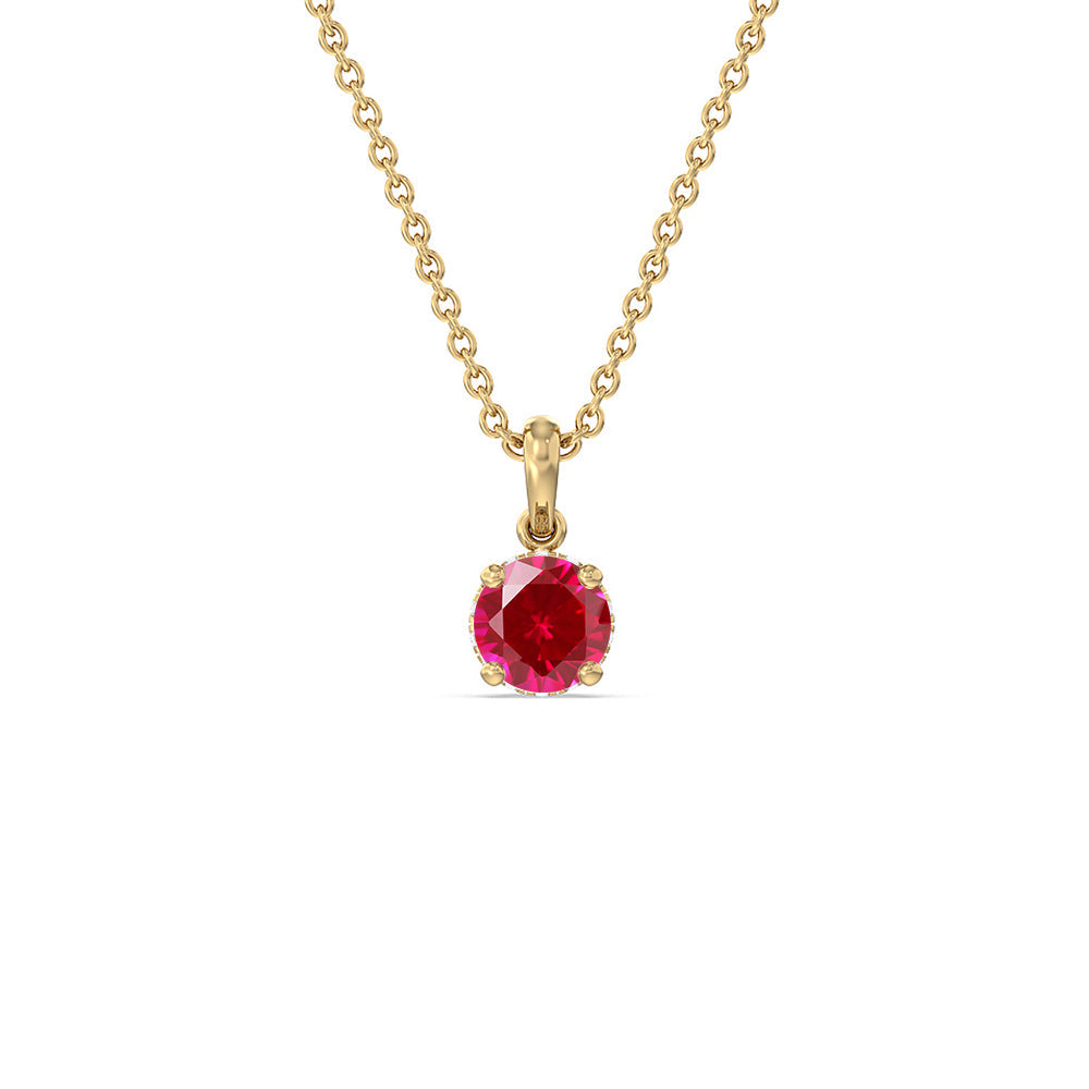 Round Created Ruby and Lab Diamond Classic Solitaire Under Halo Pendant with 14KT Yellow Gold Cut Diamond in 14KT Yellow Gold view 1
