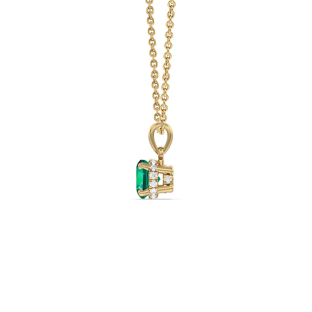 Round Shape Created Emerald and Lab Diamond Classic Solitaire Under Halo Pendant with 14KT Yellow Gold Cut Diamond in 14KT Yellow Gold view 2
