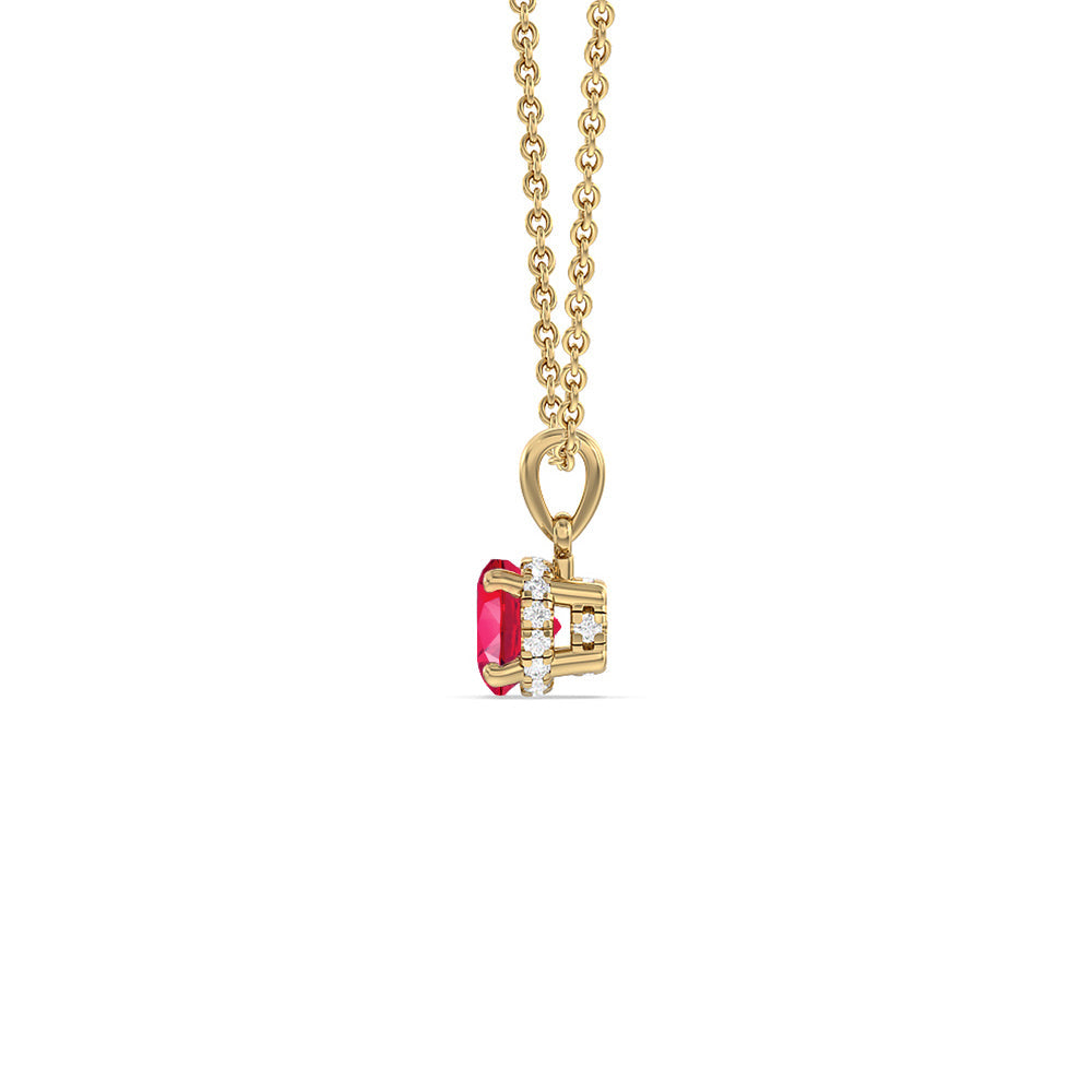 Round Created Ruby and Lab Diamond Classic Solitaire Under Halo Pendant with 14KT Yellow Gold Cut Diamond in 14KT Yellow Gold view 2
