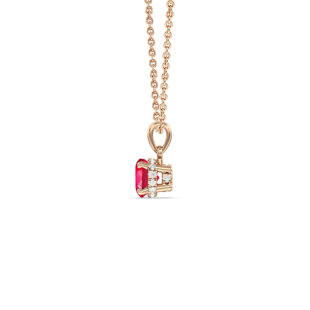 Round Created Ruby and Lab Diamond Classic Solitaire Under Halo Pendant with 14KT Rose Gold Cut Diamond in 14KT Rose Gold view 2
